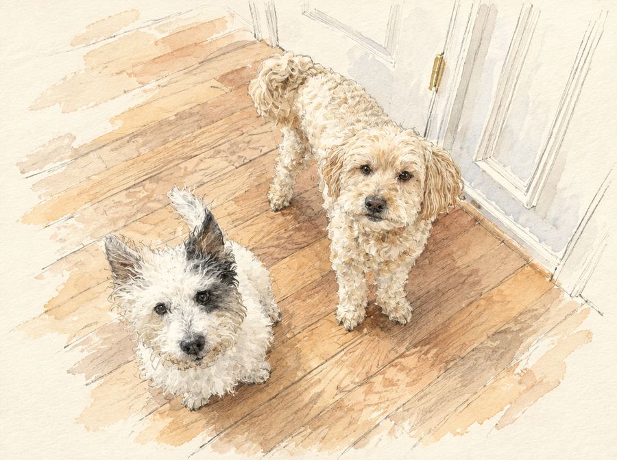 Watercolor of Zoe, a little white terrier with black spots, and Ninja, a small cream-colored doodle, waiting together by a door on a wood floor