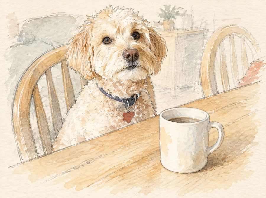 Watercolor of Ninja, a little cream-colored doodle, sitting on a chair at the kitchen table next to a coffee mug