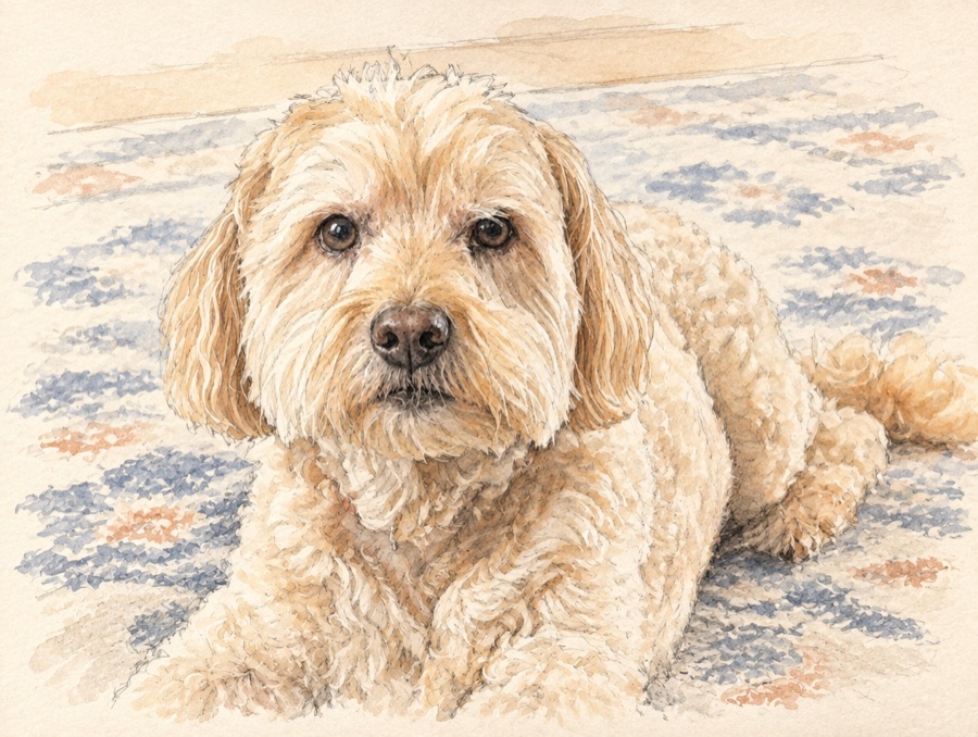 Watercolor of Ninja, a cream-colored scruffy doodle, lying on a patterned rug and looking up