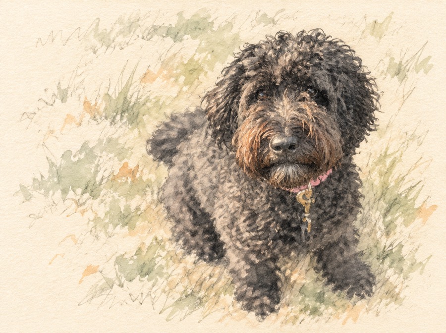 Watercolor sketch of Zelda, a black curly-coated doodle with a scruffy beard and pink collar, sitting in the grass and looking up