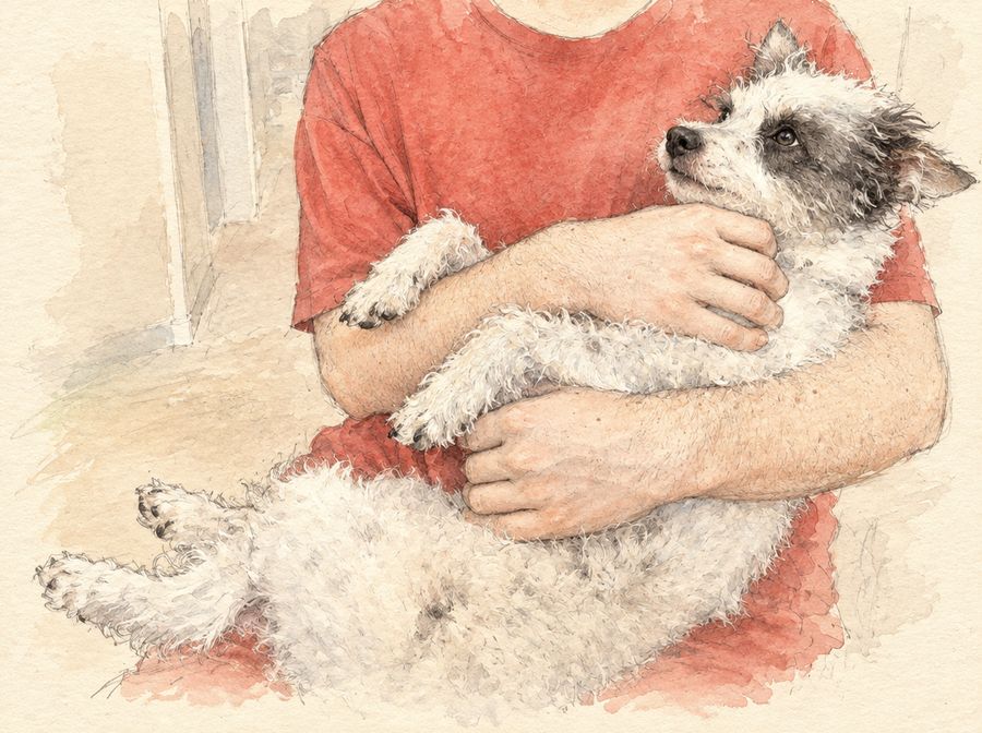 Watercolor of Zoe, a small white terrier with black spots, cradled on her back like a baby in someone's arms, gazing up
