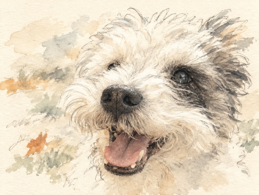 Watercolor of Zoe, a small white scruffy terrier with a black patch over one eye, grinning with her mouth open