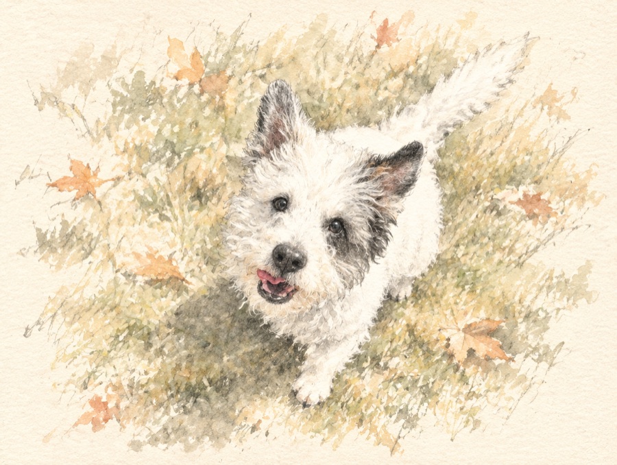 Watercolor of Zoe, a small white terrier with black-tipped ears, trotting across autumn grass with her tail up